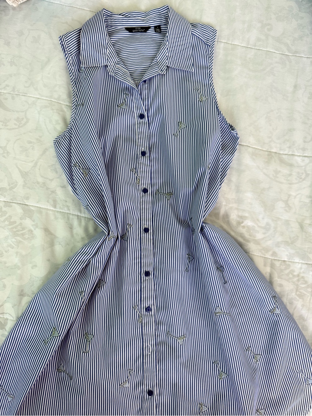 Sleeveless Blue Striped Shirt Dress with Embroidered Motif